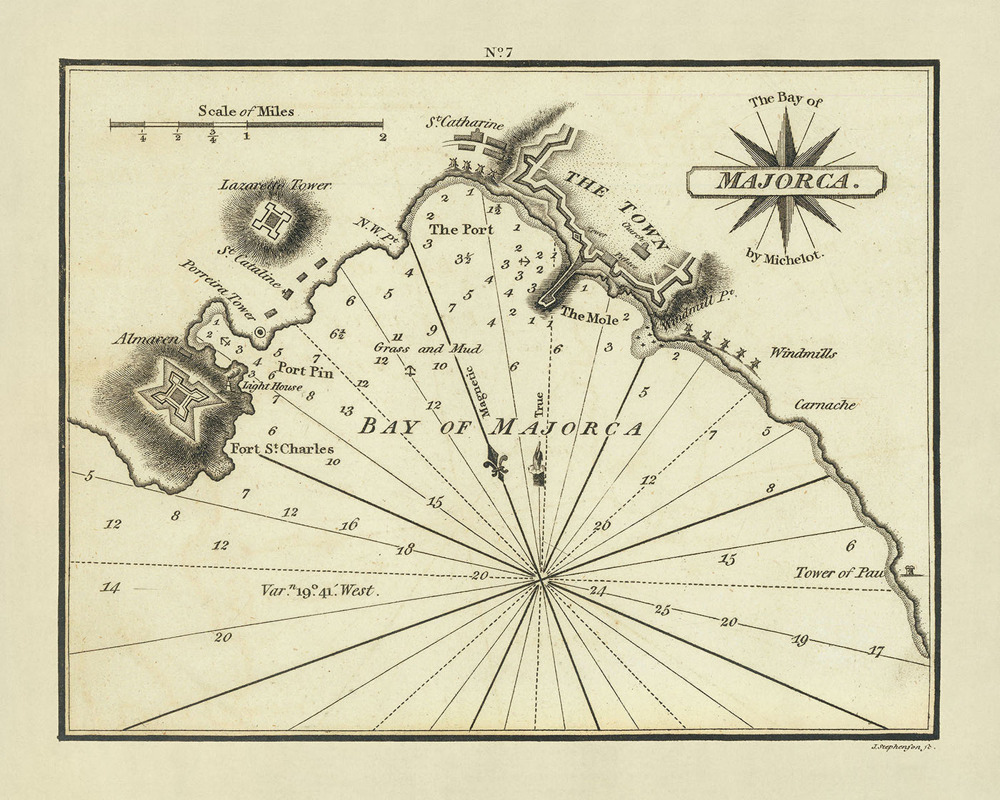 Carta Náutica de la Bahía Vieja de Mallorca por Heather, 1802: Torre Lazarette, Torre Porreira, Almacén 
