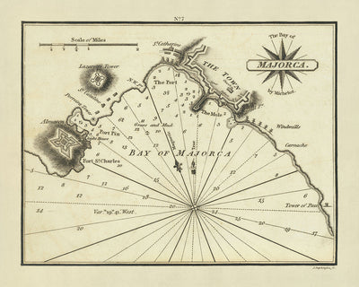 Carta Náutica de la Bahía Vieja de Mallorca por Heather, 1802: Torre Lazarette, Torre Porreira, Almacén 