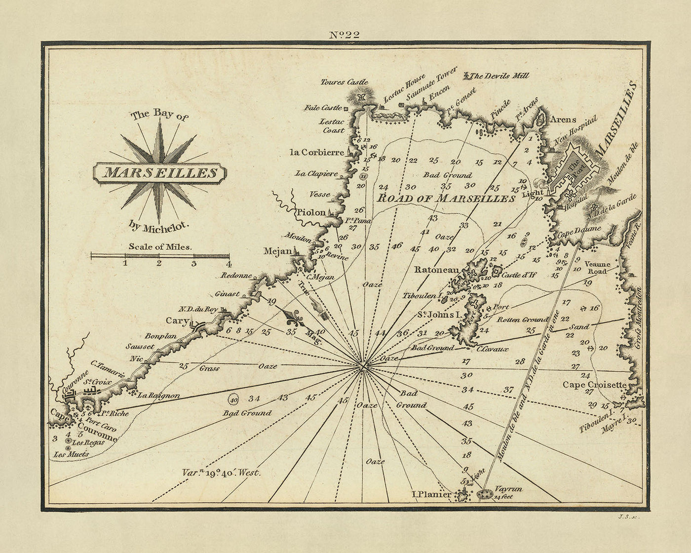 Ancien Bay de Marseille, France Carte Nautique par Heather, 1802 : Les Îles, Installations Militaires 