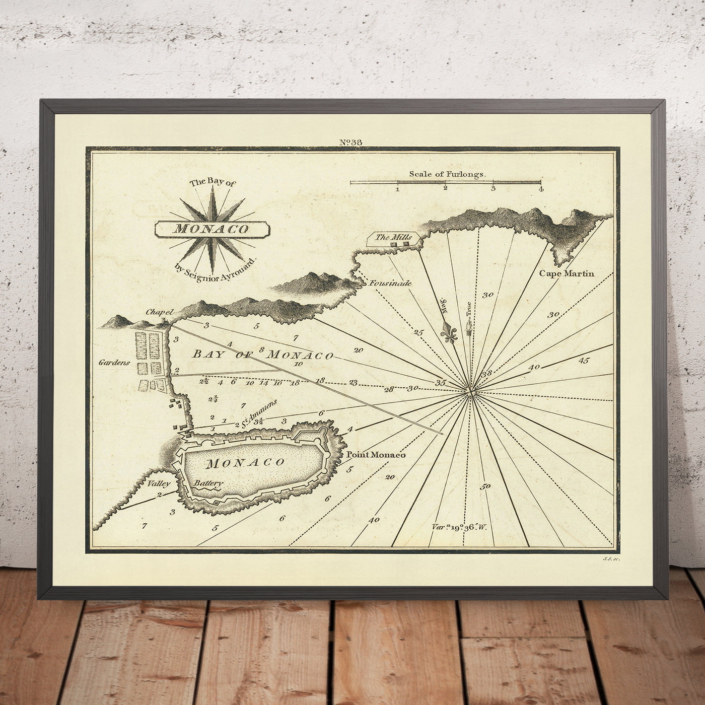Old Monaco Nautical Chart by Heather, 1802: Citadel, Fortifications, Soundings