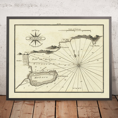 Old Monaco Nautical Chart by Heather, 1802: Citadel, Fortifications, Soundings