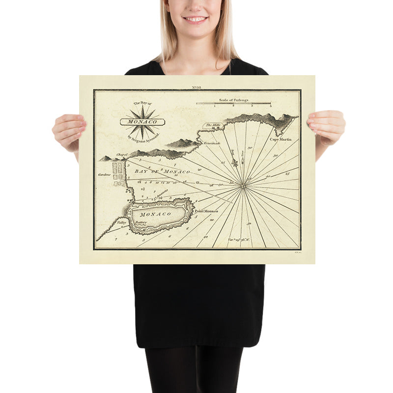 Old Monaco Nautical Chart by Heather, 1802: Citadel, Fortifications, Soundings