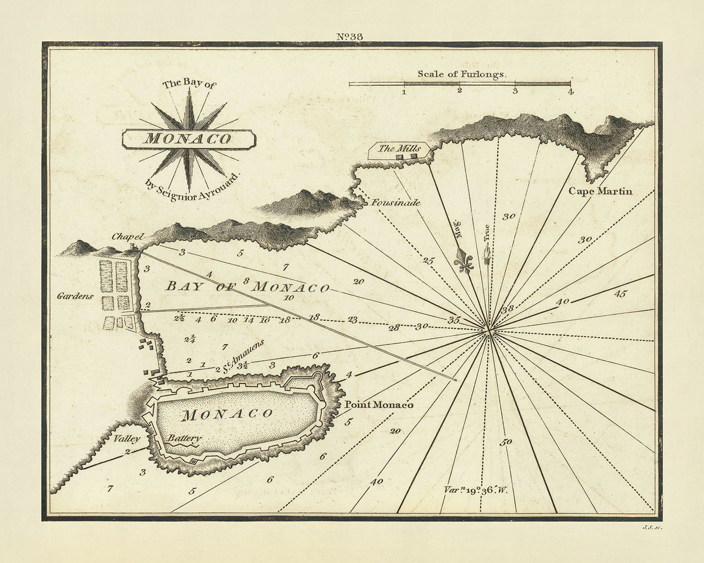 Old Monaco Nautical Chart by Heather, 1802: Citadel, Fortifications, Soundings