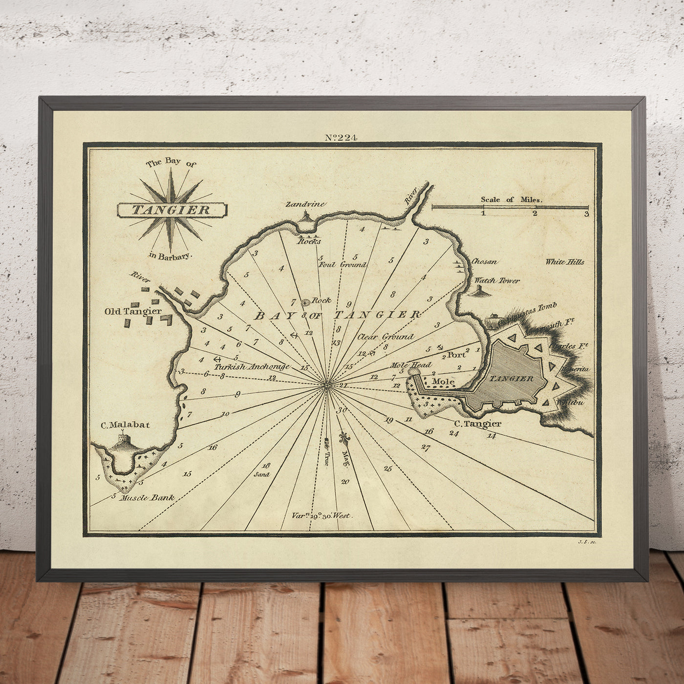 Old Bay of Tangier, Morocco Nautical Chart by Heather, 1802: Portuguese & English Forts, Battle Site