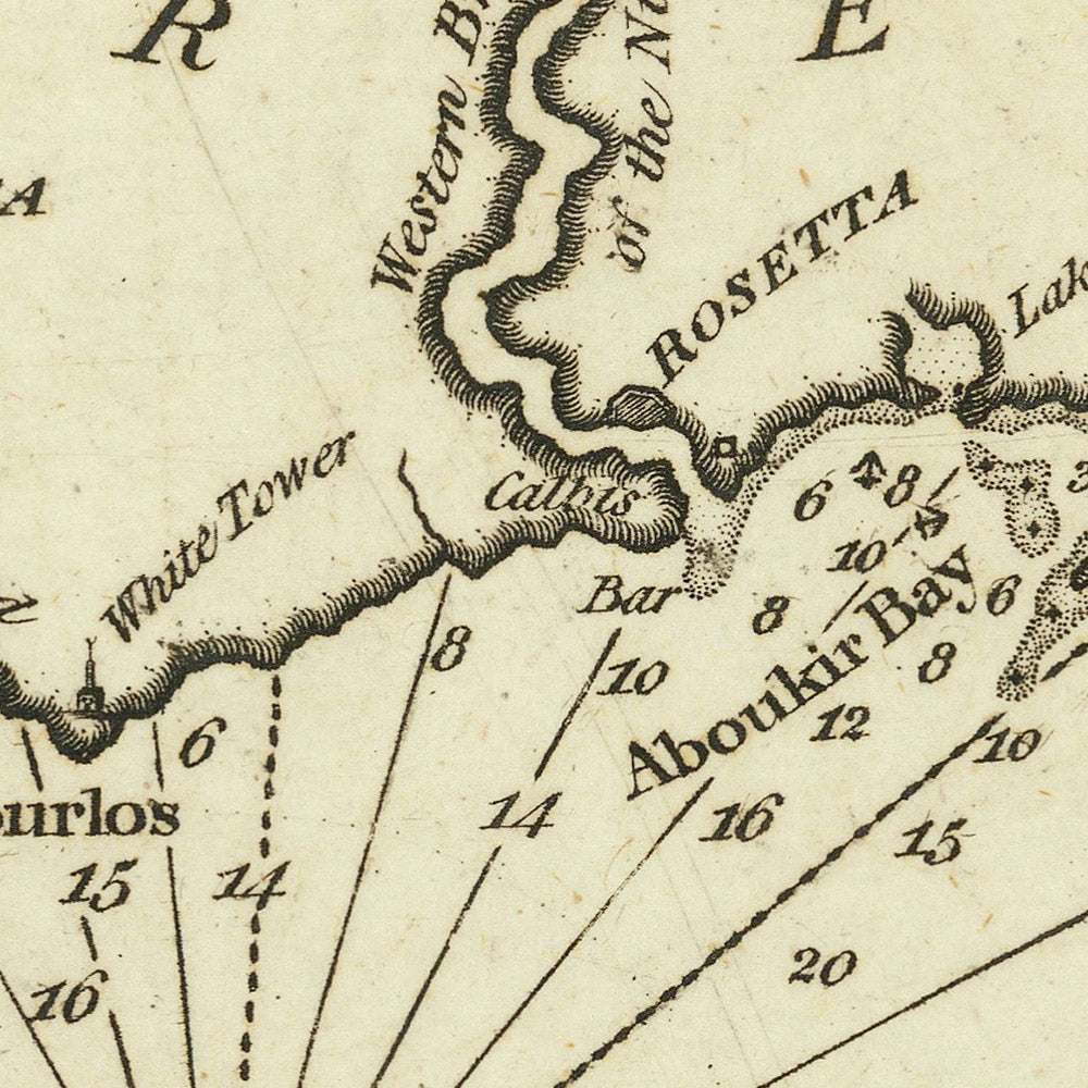 Ancienne carte nautique du delta du Nil par Heather, 1802 : Égypte, bouches du Nil, Alexandrie, Rosette 