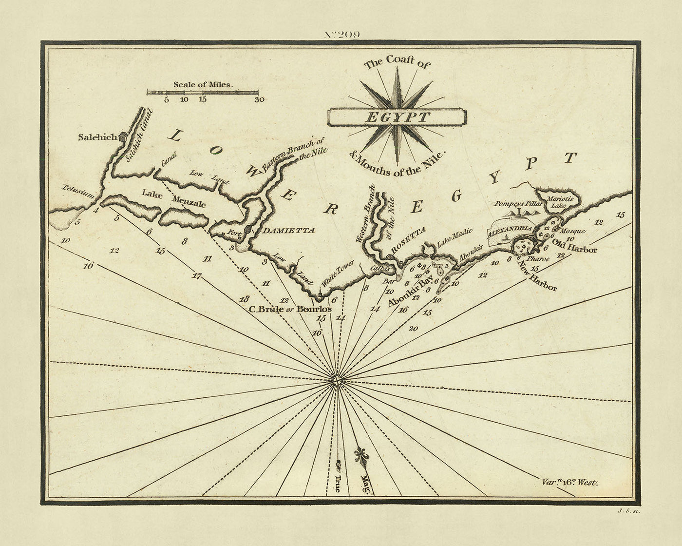 Ancienne carte nautique du delta du Nil par Heather, 1802 : Égypte, bouches du Nil, Alexandrie, Rosette 