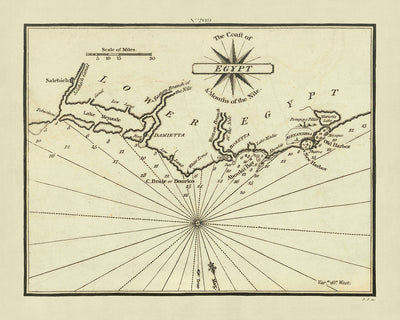 Ancienne carte nautique du delta du Nil par Heather, 1802 : Égypte, bouches du Nil, Alexandrie, Rosette 