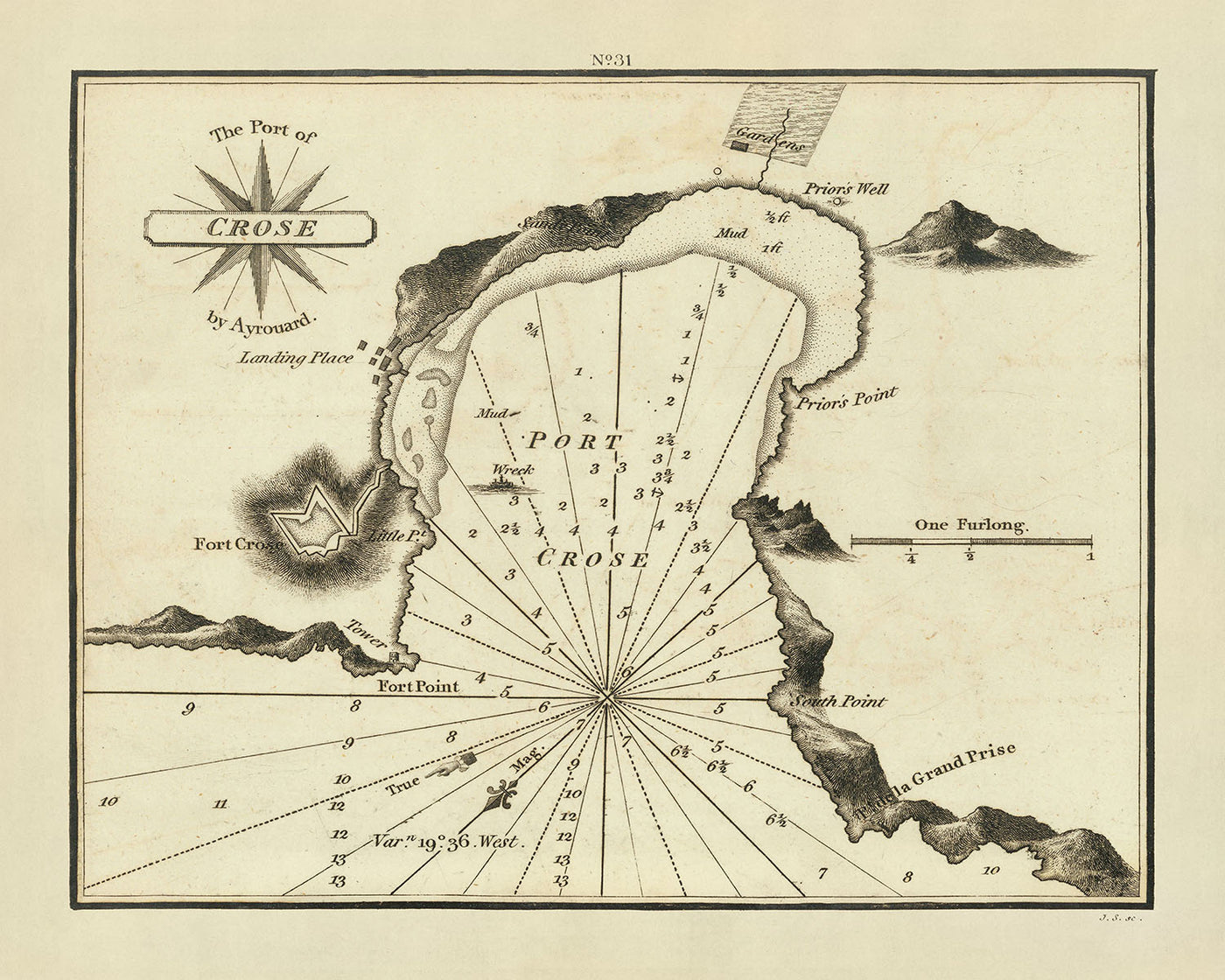 Old Port of Crose, France Nautical Chart by Heather, 1802: Fort Cros, Prior's Well, Wreck