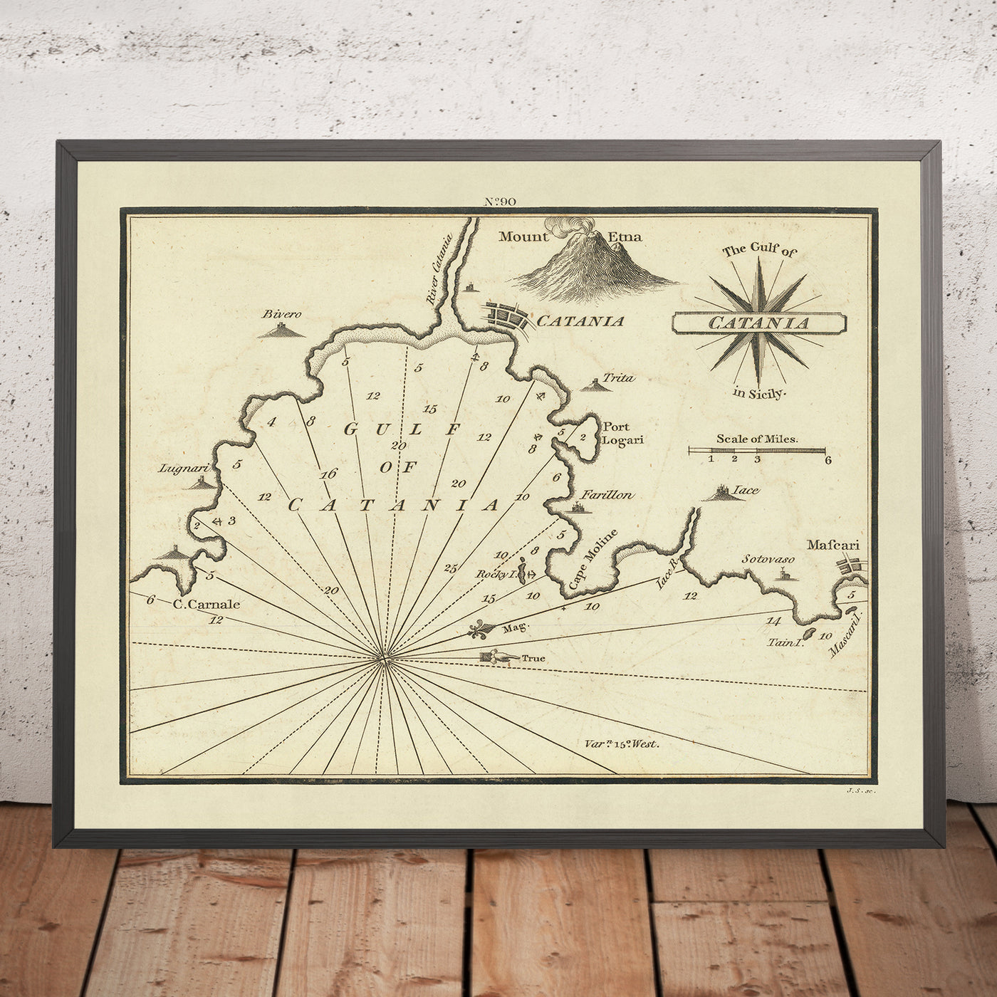 Old Gulf of Catania, Sicily Nautical Chart by Heather, 1802: Mount Etna, Italy, Cape Carnale
