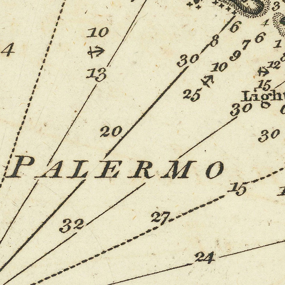 Antigua carta náutica del Golfo de Palermo, Italia por Heather, 1802: Monte Pellegrino, fondeaderos 