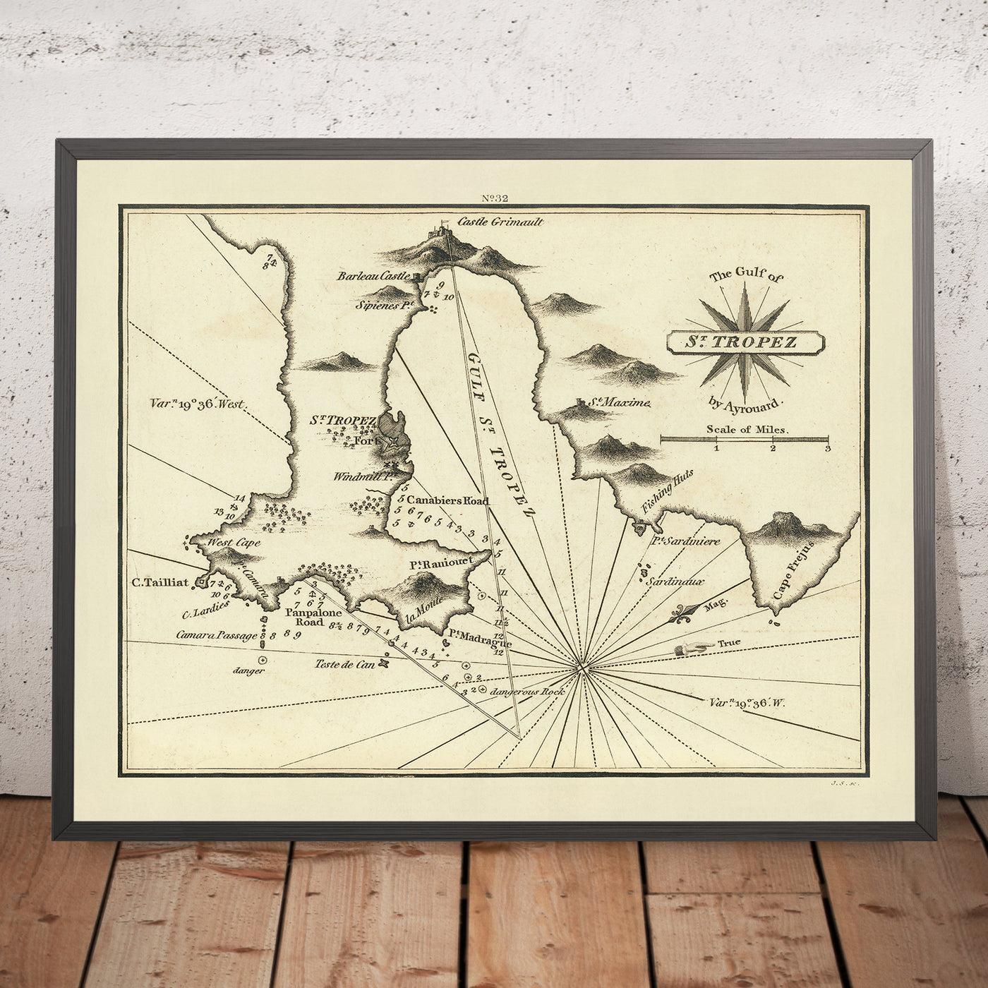 Old Gulf of St. Tropez Nautical Chart by Heather, 1802: Fishing Huts, Forts, Navigational Aids