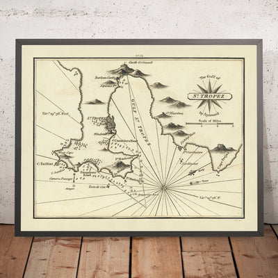 Old Gulf of St. Tropez Nautical Chart by Heather, 1802: Fishing Huts, Forts, Navigational Aids