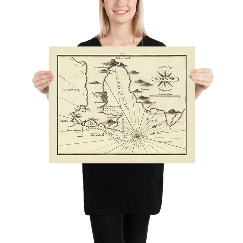 Old Gulf of St. Tropez Nautical Chart by Heather, 1802: Fishing Huts, Forts, Navigational Aids