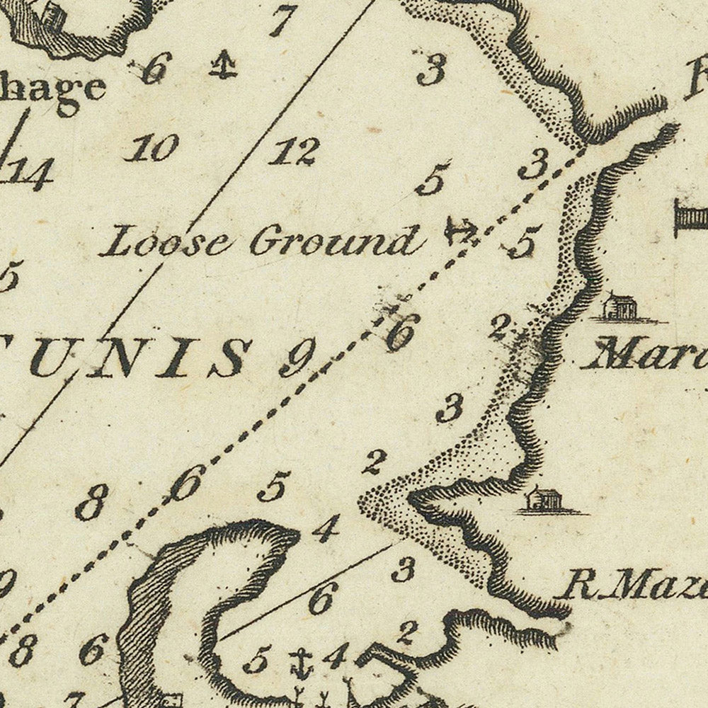 Antigua carta náutica del Golfo de Túnez por Heather, 1802: Túnez, Bizerte, Puerto Farina 