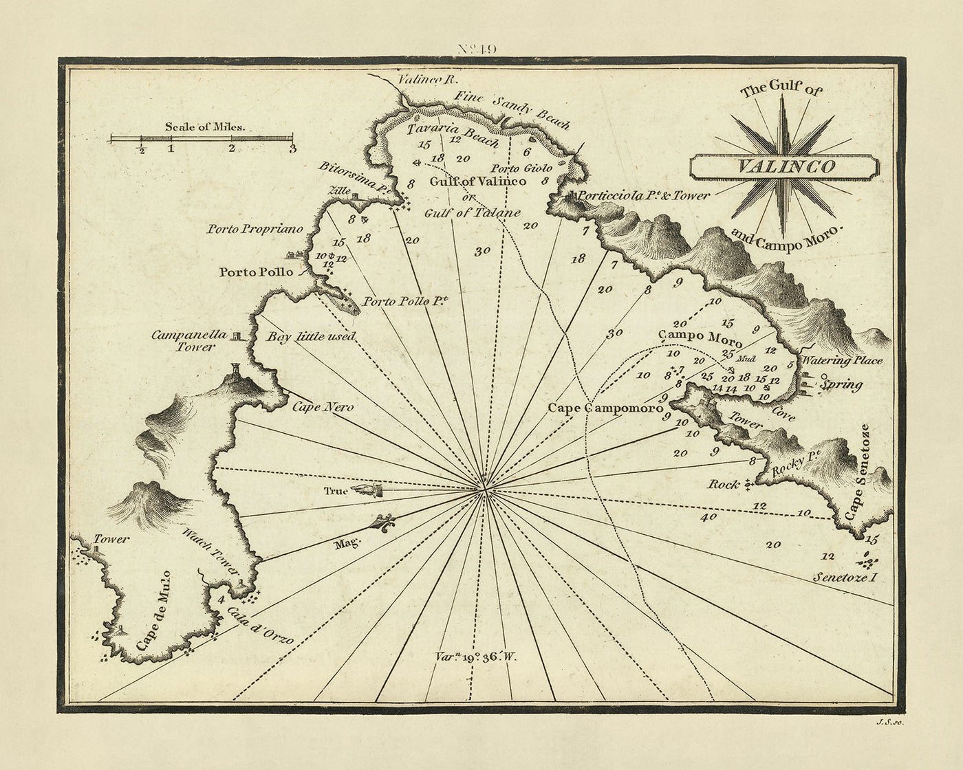 Old Gulf of Valinco, Corsica Nautical Chart by Heather, 1802: Campo Moro, Porticciola Tower