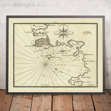 Vecchia mappa nautica del porto di Corfù di Heather, 1802: Fortificazioni veneziane, Rotte marittime strategiche 