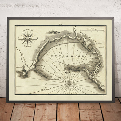 Old Harbour of Genoa, Italy Nautical Chart by Heather, 1802: Lanterna, Fortifications, Palazzo
