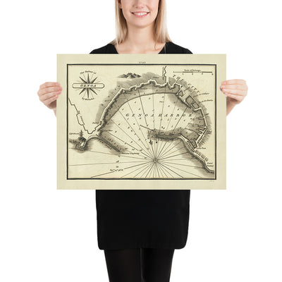 Old Harbour of Genoa, Italy Nautical Chart by Heather, 1802: Lanterna, Fortifications, Palazzo