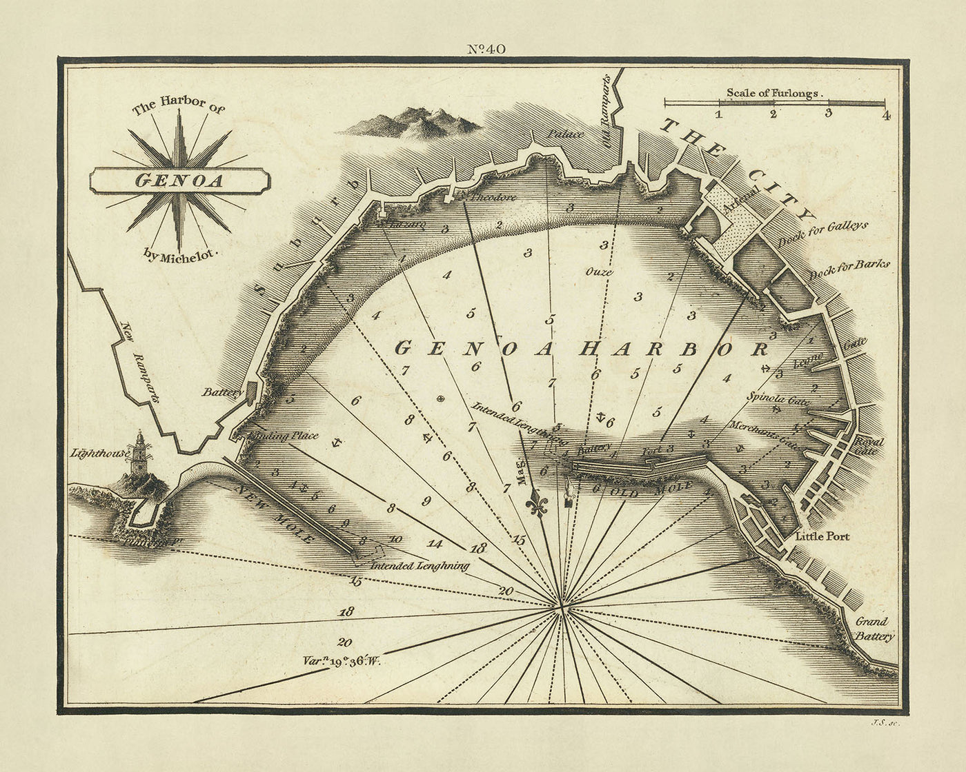 Old Harbour of Genoa, Italy Nautical Chart by Heather, 1802: Lanterna, Fortifications, Palazzo
