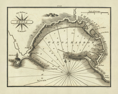Old Harbour of Genoa, Italy Nautical Chart by Heather, 1802: Lanterna, Fortifications, Palazzo