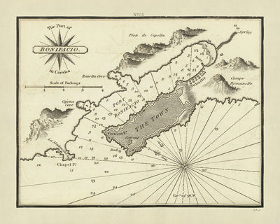 Vieux Port de Bonifacio, Corse Carte Nautique par Heather, 1802 : Ville, Profondeurs, Forteresse, Anse Ranella 