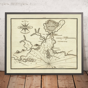 Vecchio Porto di Brindisi, Italia Carta Nautica di Heather, 1802: Castello Svevo, Grande Passaggio, Guerre Napoleoniche 