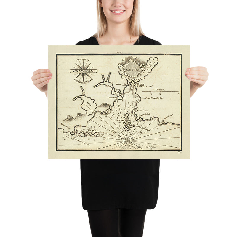 Old Port of Brindisi, Italy Nautical Chart by Heather, 1802: Swabian Castle, Great Passage, Napoleonic Wars