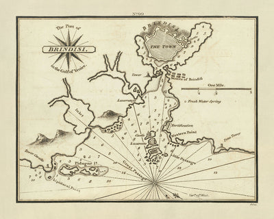 Old Port of Brindisi, Italy Nautical Chart by Heather, 1802: Swabian Castle, Great Passage, Napoleonic Wars