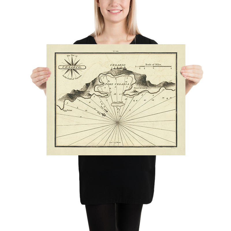 Old Porto Cesareo Nautical Chart by Heather, 1802: Southern Italy, Gulf of Tarento, Compass Rose