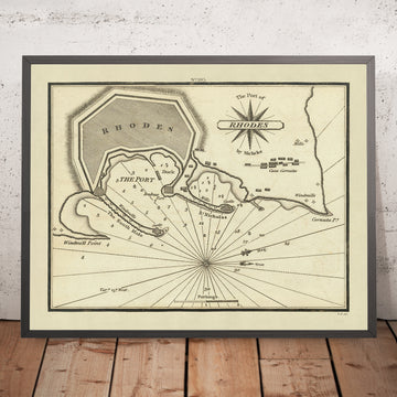 Carte nautique du vieux port de Rhodes par Heather, 1802 : sonde, mouillages, ville fortifiée 