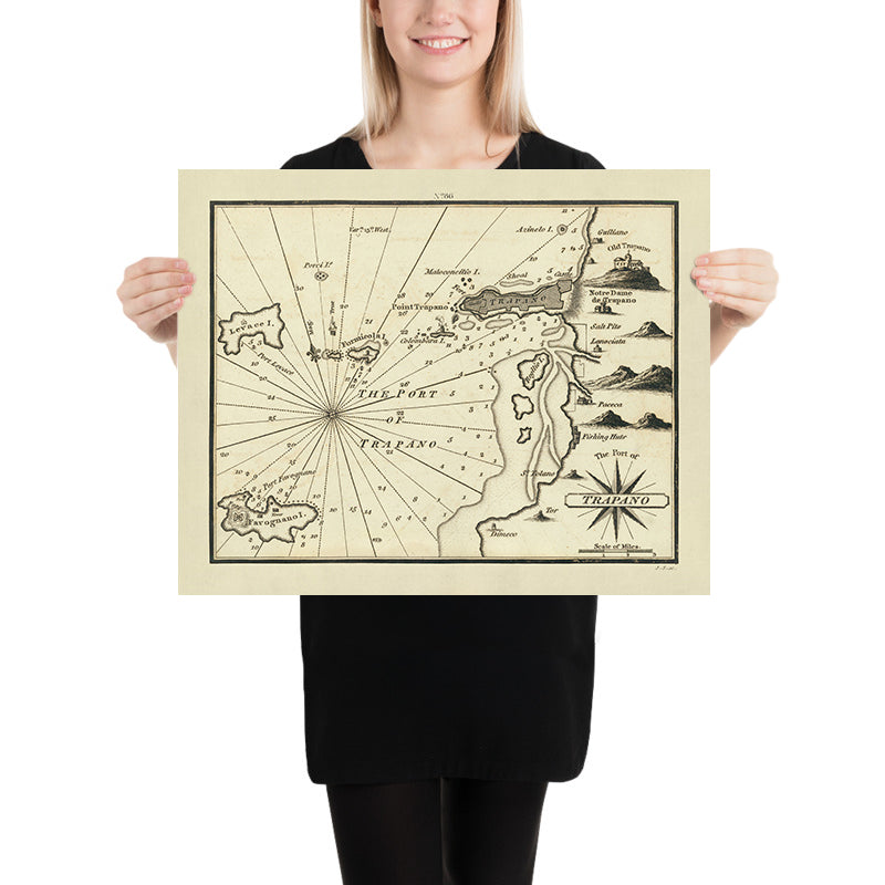 Porto Vecchio di Trapani, Sicilia Carta Nautica di Heather, 1802: Italia, Fortificazioni, Saline, Capanni da Pesca 