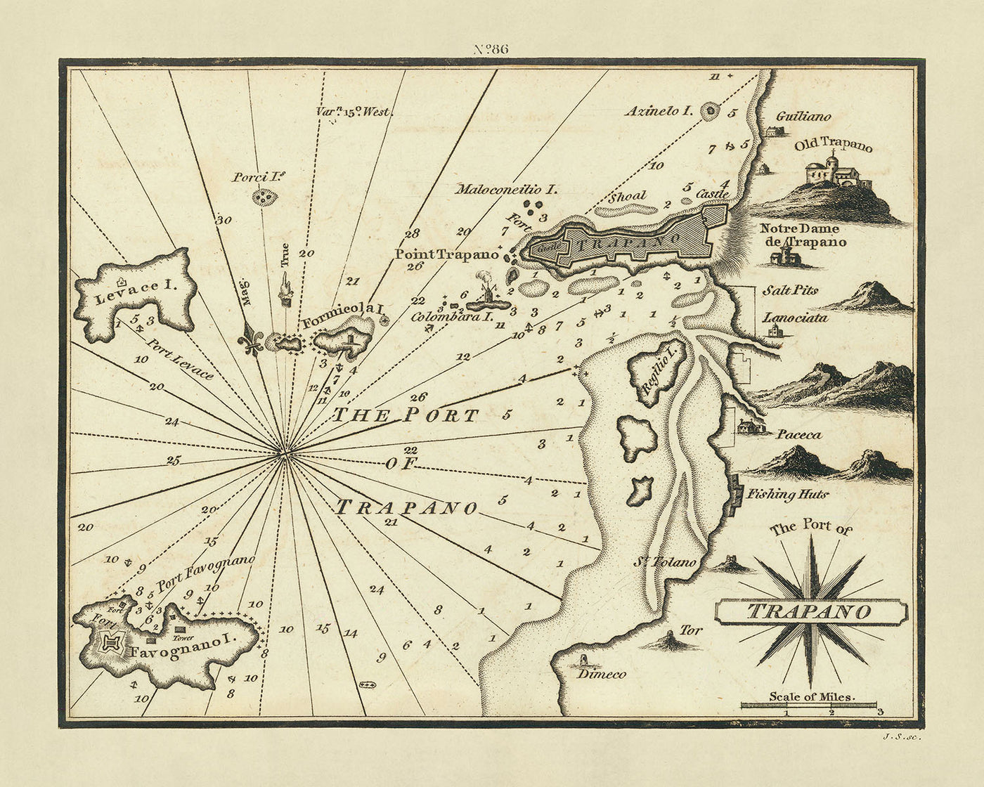 Old Port of Trapani, Sicily Nautical Chart by Heather, 1802: Italy, Fortifications, Salt Pits, Fishing Huts