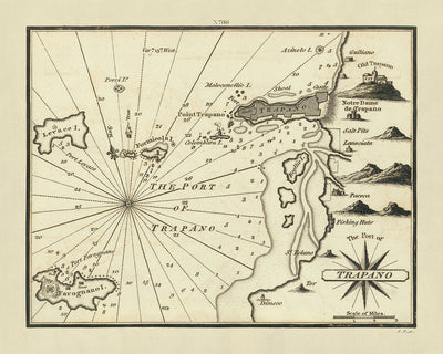 Old Port of Trapani, Sicily Nautical Chart by Heather, 1802: Italy, Fortifications, Salt Pits, Fishing Huts