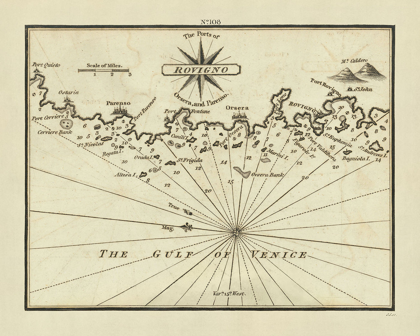 Ancienne carte nautique de la péninsule istrienne par Heather, 1802 : Rovinj, Poreč, Vrsar, Croatie 