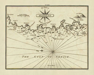 Ancienne carte nautique de la péninsule istrienne par Heather, 1802 : Rovinj, Poreč, Vrsar, Croatie 