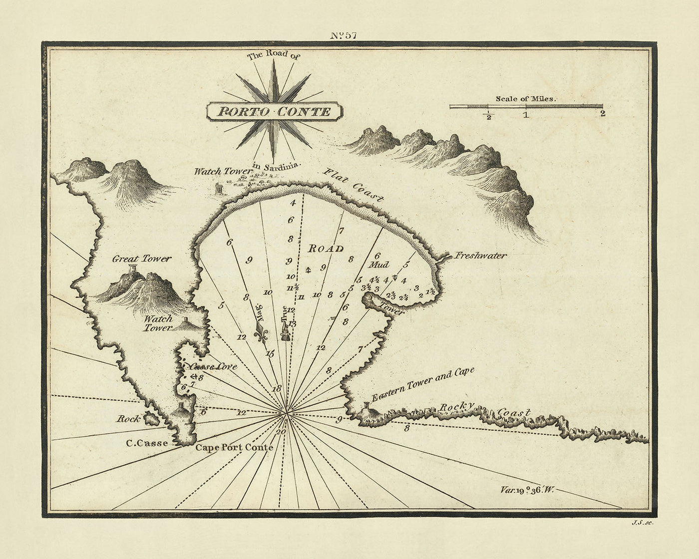 Ancienne carte nautique de Porto Conte par Heather, 1802 : Sardaigne, sondages, tours, côte 