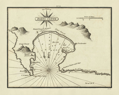 Ancienne carte nautique de Porto Conte par Heather, 1802 : Sardaigne, sondages, tours, côte 