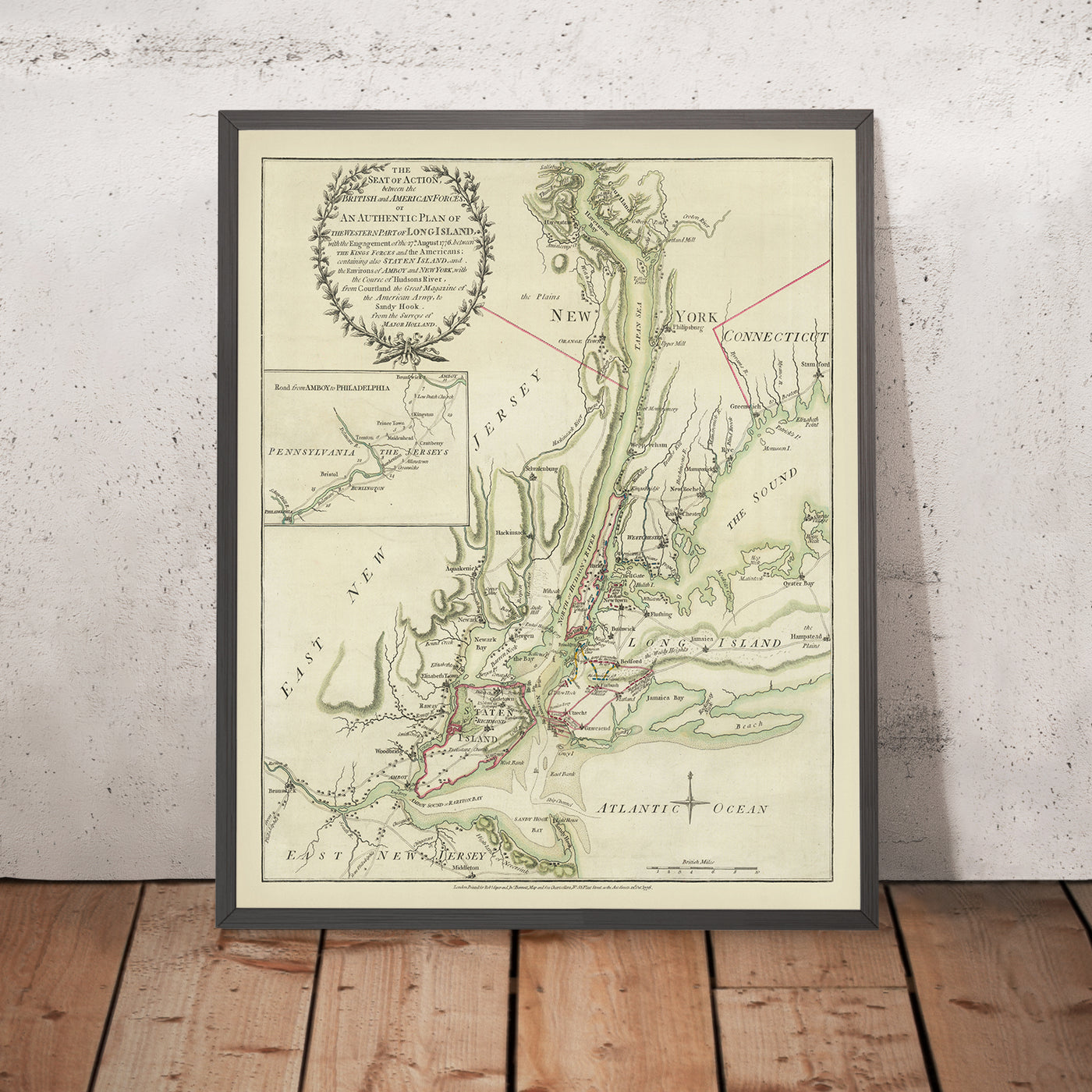 Mapa antiguo de la Batalla de Long Island, 1776: Revolución Americana, desembarco británico 