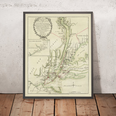 Mapa antiguo de la Batalla de Long Island, 1776: Revolución Americana, desembarco británico 