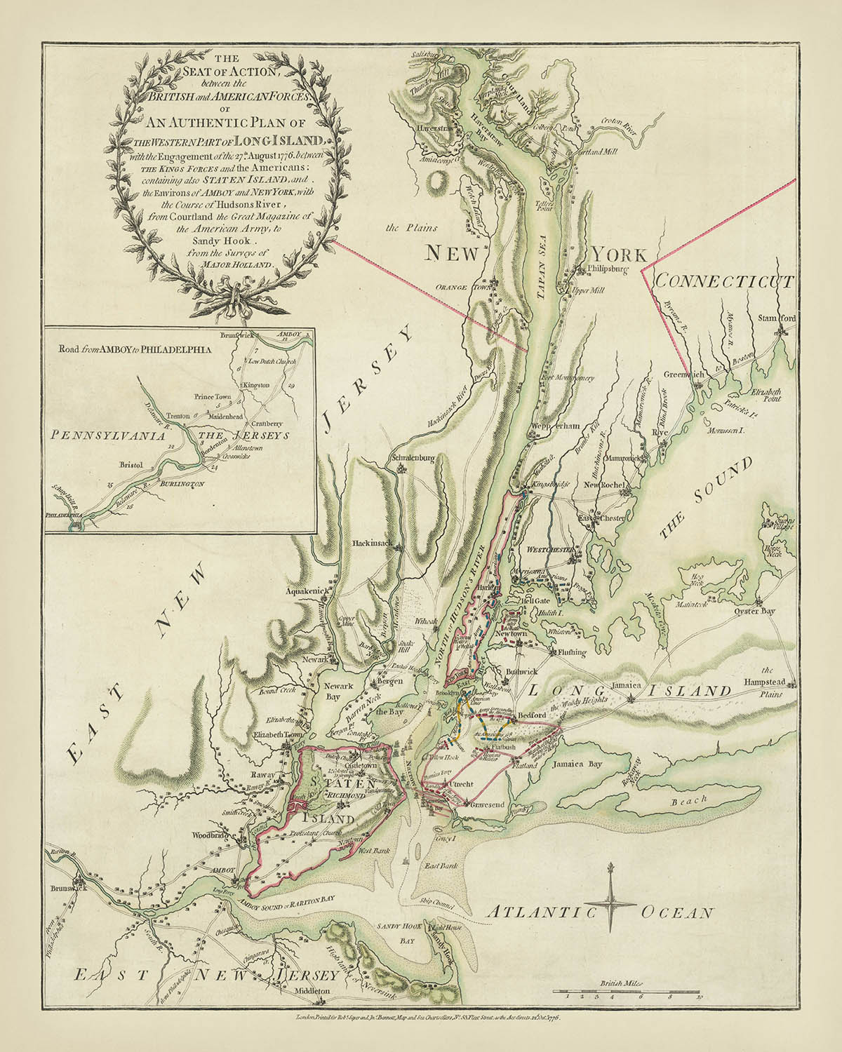 Mapa antiguo de la Batalla de Long Island, 1776: Revolución Americana, desembarco británico 