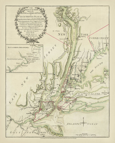 Mapa antiguo de la Batalla de Long Island, 1776: Revolución Americana, desembarco británico 