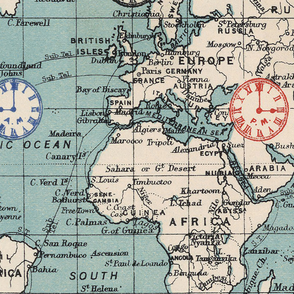 Mapa del mundo de zonas horarias antiguas por AK Johnston, 1906 