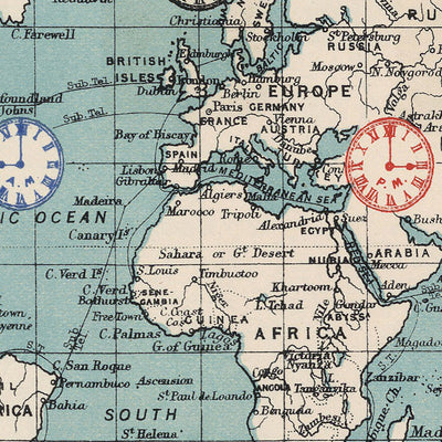 Mapa del mundo de zonas horarias antiguas por AK Johnston, 1906 