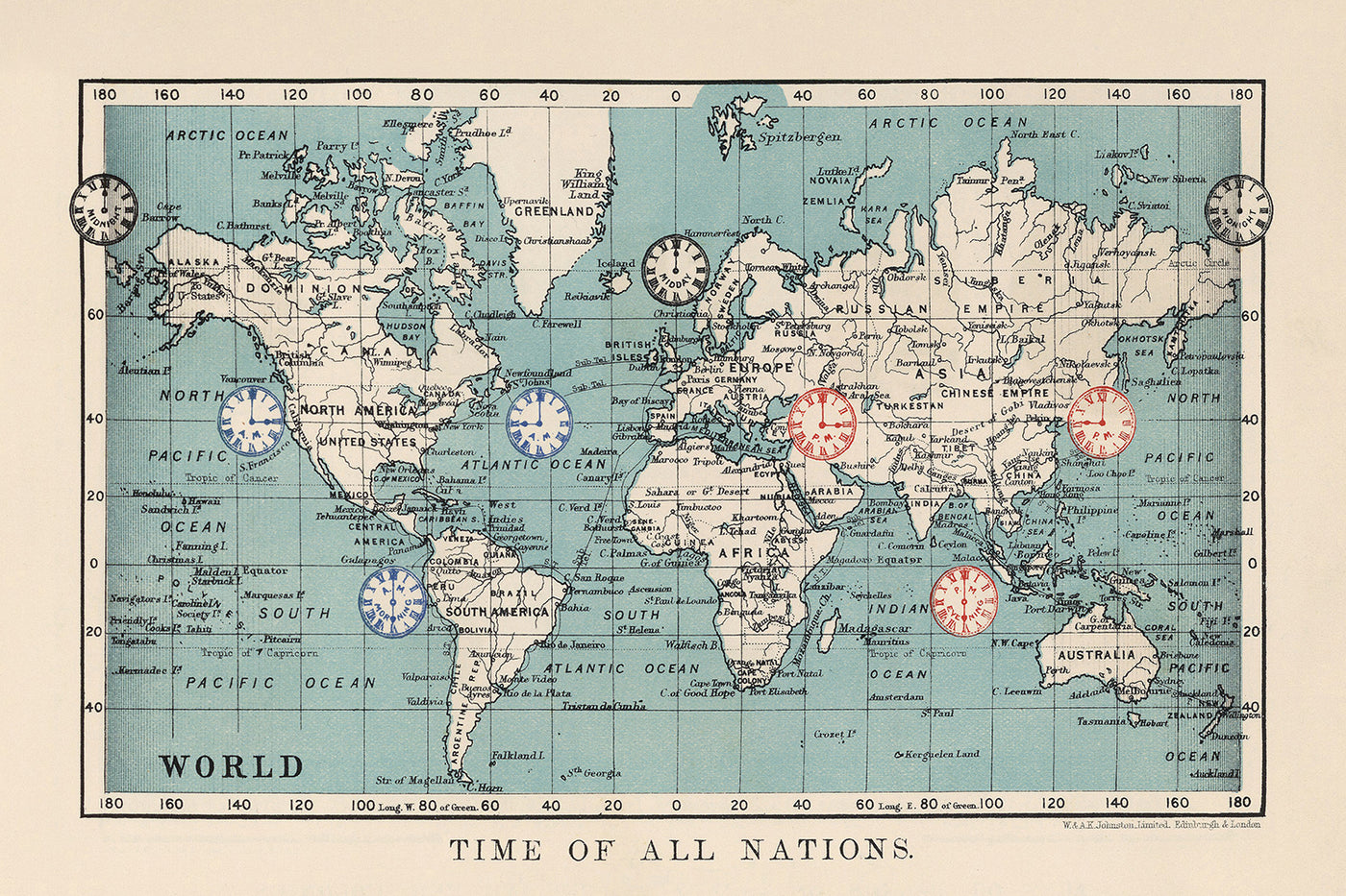 Mapa del mundo de zonas horarias antiguas por AK Johnston, 1906 