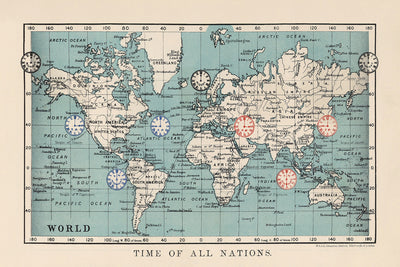 Mapa del mundo de zonas horarias antiguas por AK Johnston, 1906 
