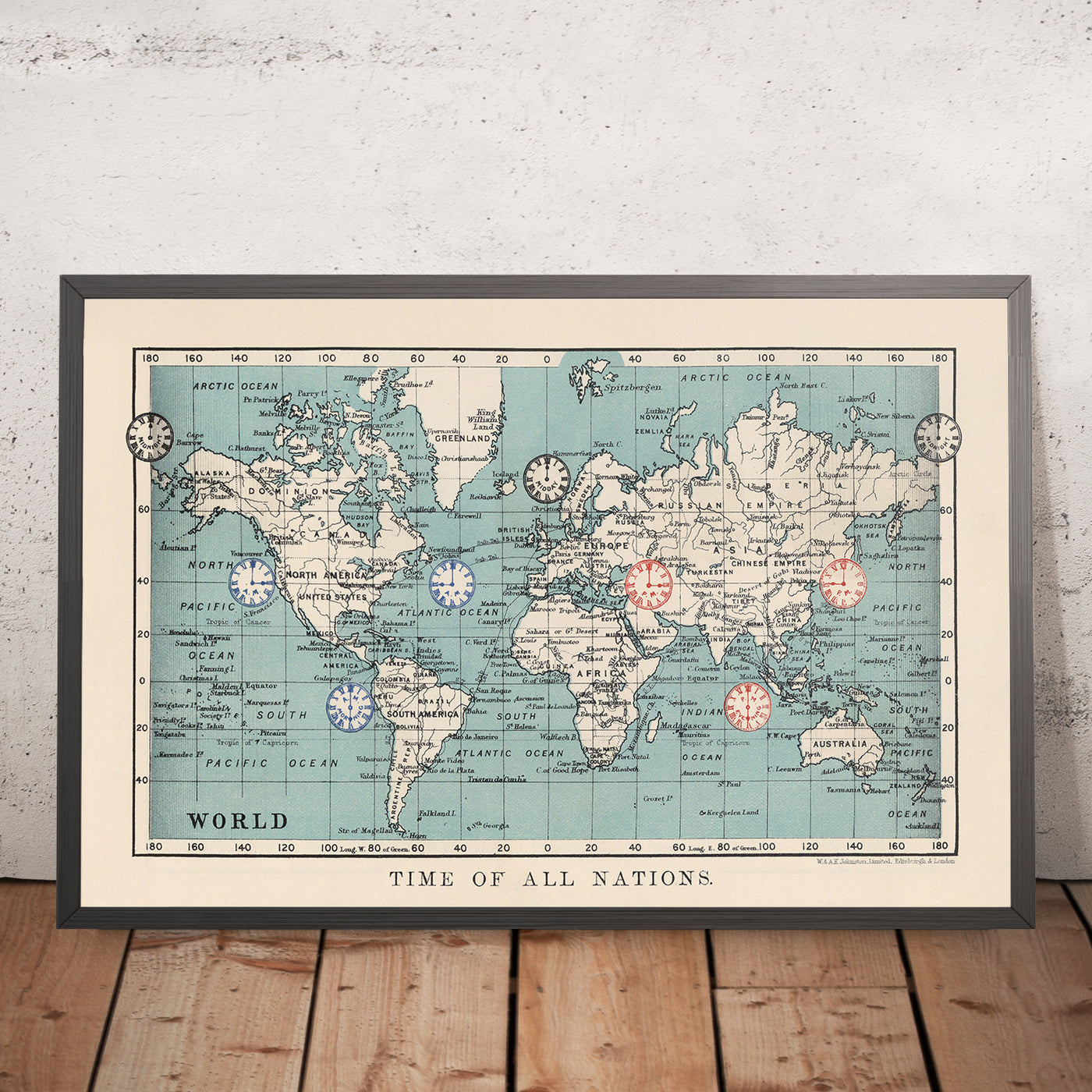 Mapa del mundo de zonas horarias antiguas por AK Johnston, 1906 