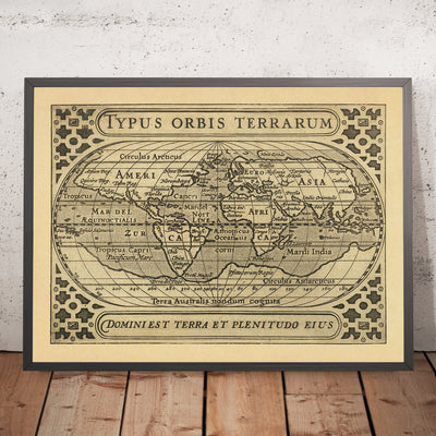 Tiny Old World Map by Bertius, 1616: Oval Projection, Decorative Strapwork, Terra Australis