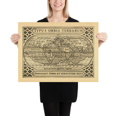 Tiny Old World Map by Bertius, 1616: Oval Projection, Decorative Strapwork, Terra Australis