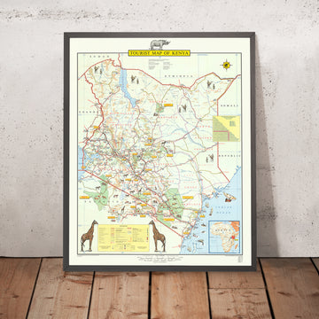 Alter bildlicher Karte von Kenia, 1968: Safari, Tiere, Nairobi, Mount Kenya, Viktoriasee 