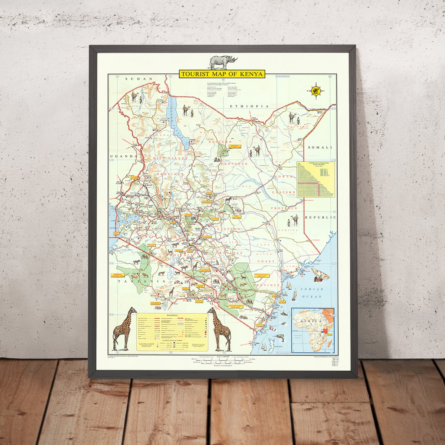 Keya Old Old Pictorial Map of Kenya, 1968: Safari, Animals, Nairobi, Mount Keny ...